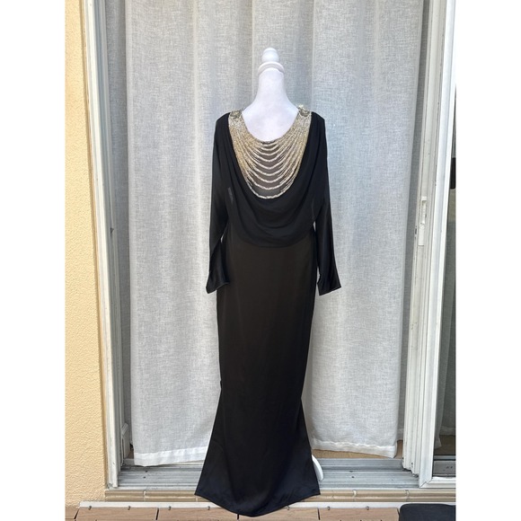 Vintage silk black long sleeve maxi dress silver beads rhinestones back valance - Picture 5 of 10